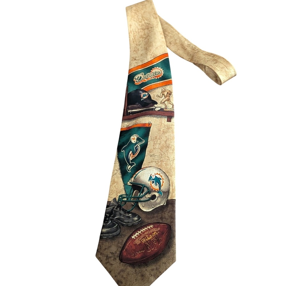 VTG 90s Ralph Marlin Miami Dolphins NFL Silk Tie Football Graphic Mens